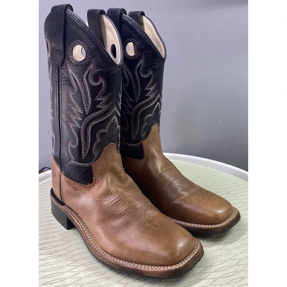 Old West Boys Leather Western Cowboy Kids Riding Boots Brown&Black Youth Sz.2 D‎